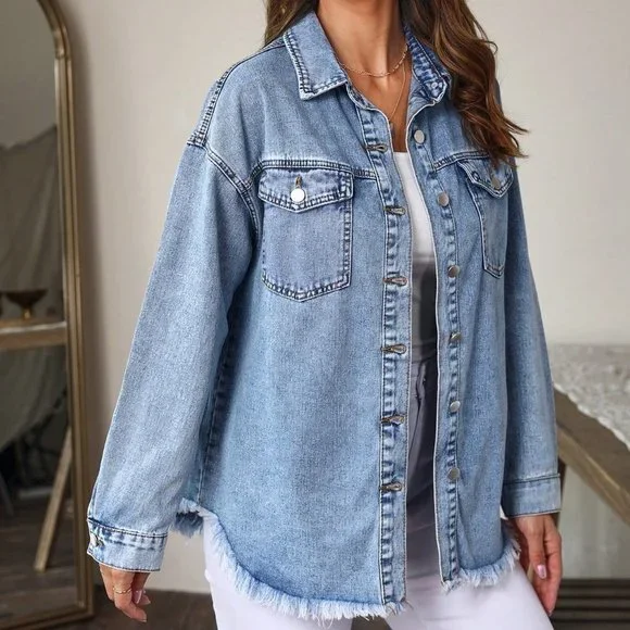 Blue Preppy Womens Flap Pocket Drop Shoulder Raw Cut Denim Jacket - Picture 3 of 5